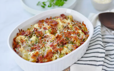 Garlic and herb cauliflower mac and cheese with bacon