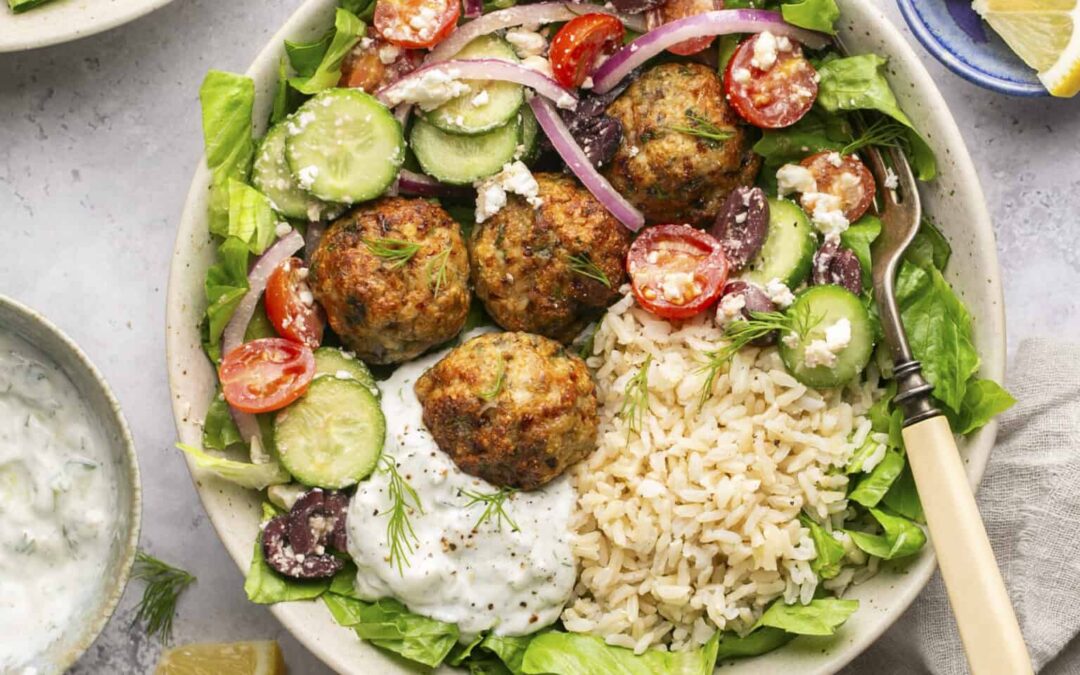 Greek Chicken Meatball Bowls with Tzatziki